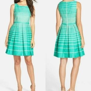 Just Taylor Green and White Striped Midi Fit and Flare Dress Size 6